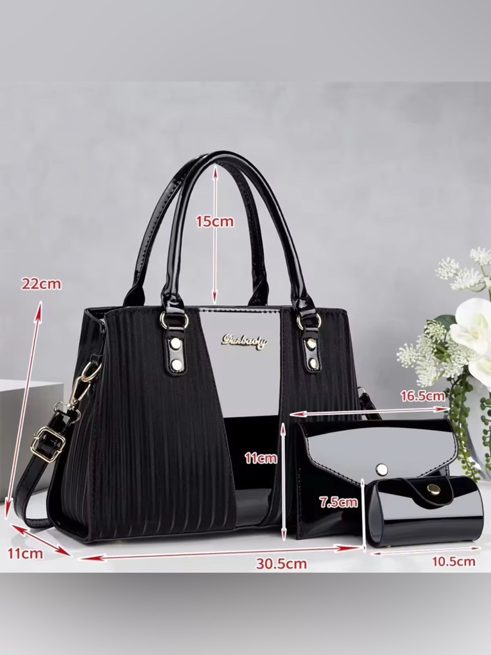 Black Women's Tote Handbag Set - 3 Piece